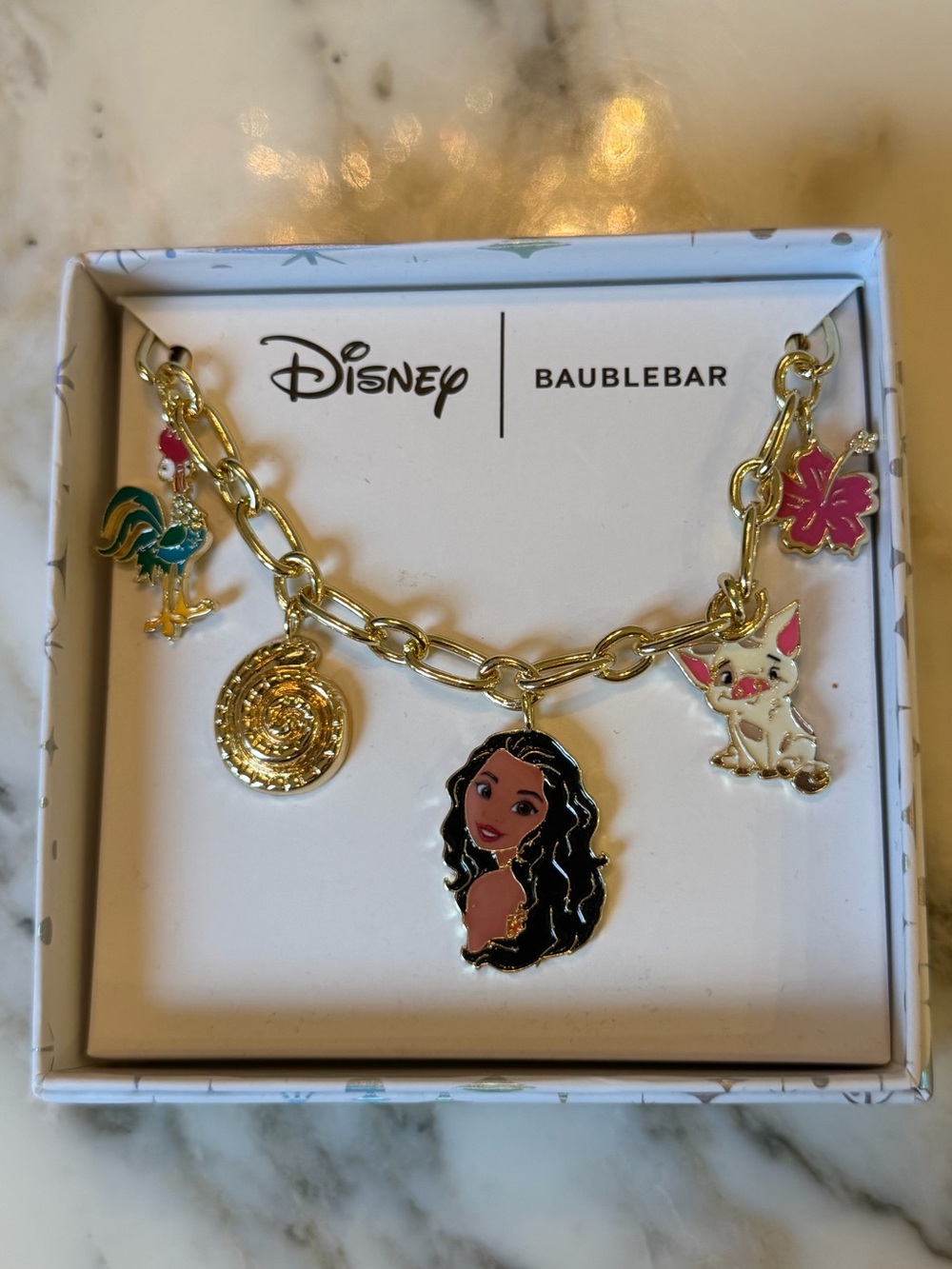 NWT BaubleBar x Disney Moana Charm Bracelet Pua Hei Hei Gold Tone Enamel